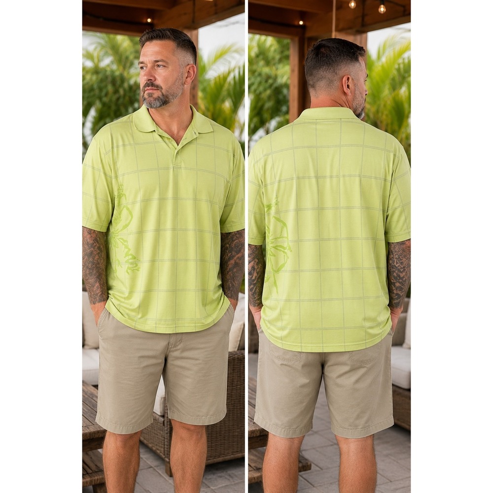 Skins Gameday USA Mens XL Green Plaid Golf Polo Shirt Floral Graphic